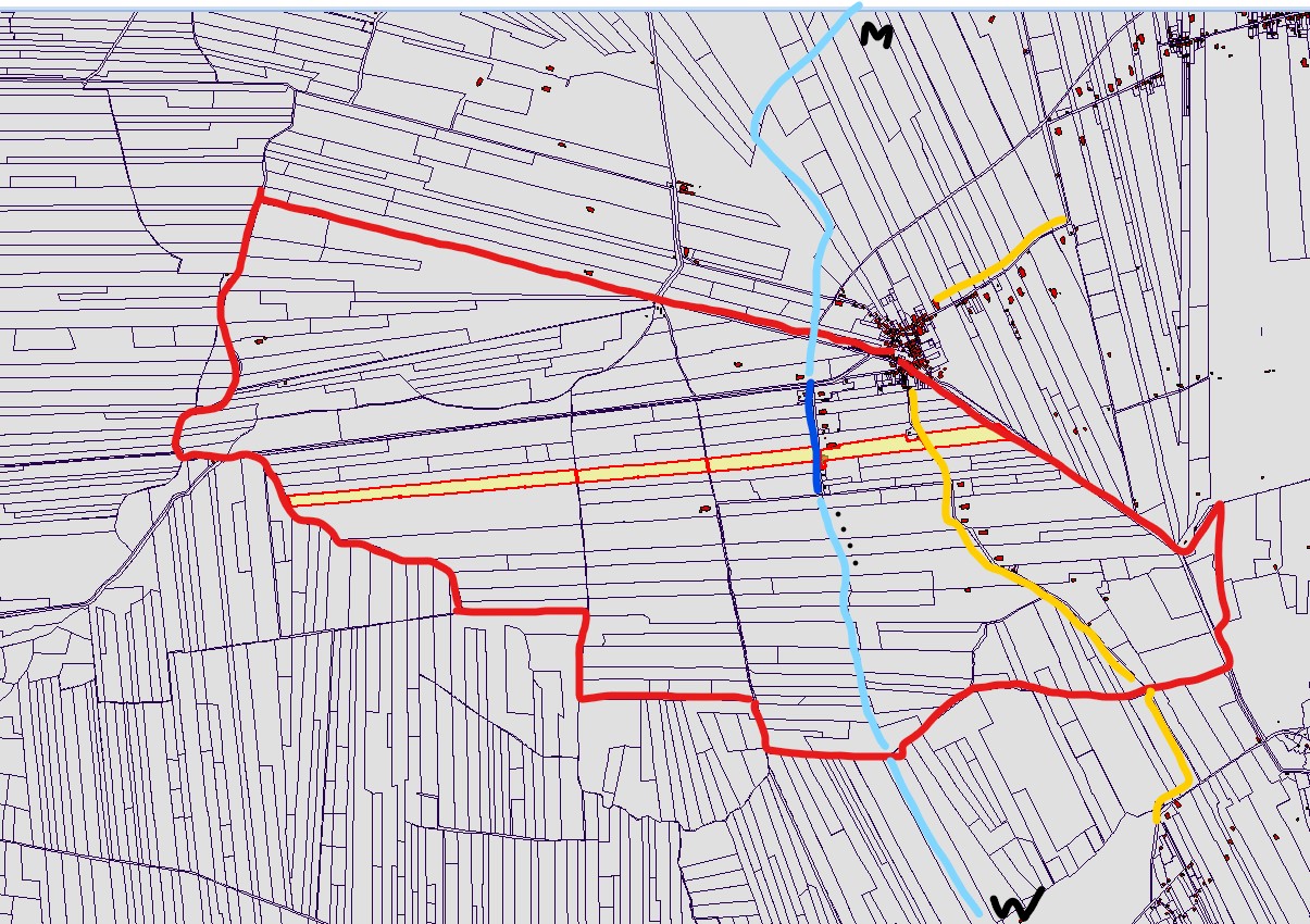 Het kerspel Eexta met Buiteneexterweg ( blauw). Lichtblauw het verdwenen deel. De gele lijn geeft het landbezit, de opstrek, aan met een lengte van 4 kilometer. 