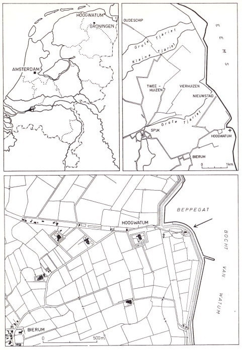 Figuur 1. Hoogwatum. Duidelijk zichtbaar zijn de 'Bocht van Watum', het 'Beppega' en boerderij Hoogwatum. Situatietekeningen. Onder naar topografische kaart 1 : 10.000 verkend in 1959. Tekeningen B.A.I. (G. Delger).