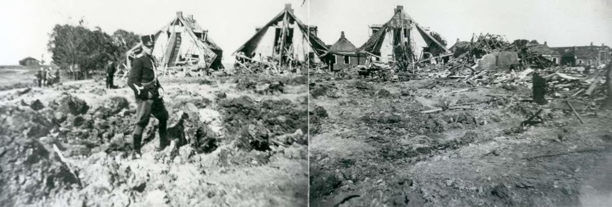 Verwoeste woningen door een bomontploffing te Weiwerd. Foto Dijkstra, 1945.