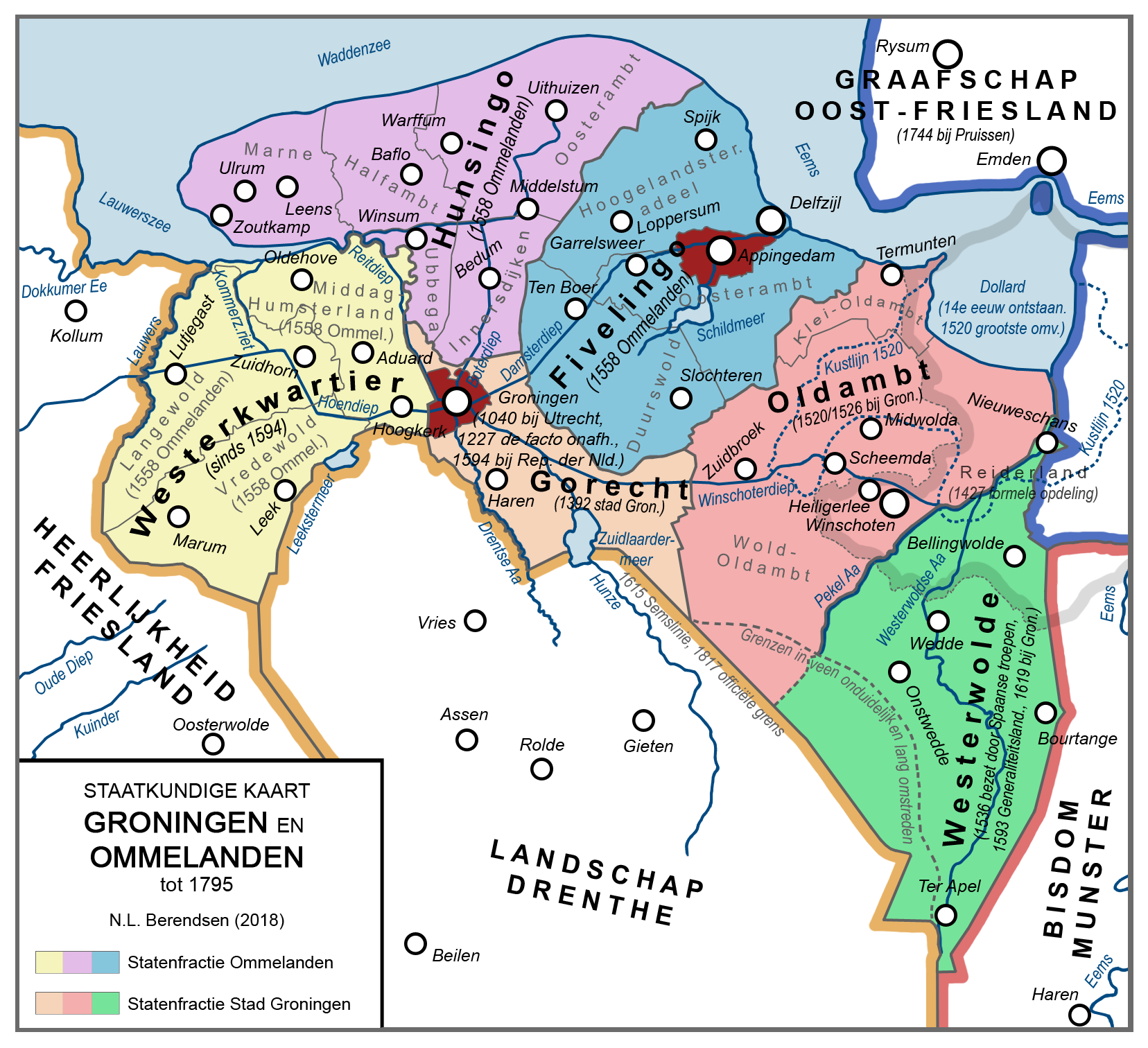 Staatkundige kaart van Groningen en Ommelanden voor 1795 (Franse inval van de Nederlanden), met daarop afgebeeld de interne grenzen van de kwartieren en onderkwartieren, indicatie van de grenzen van het voormalige Reiderland, de belangrijkste plaatsen en waterwegen in de 17e en 18e eeuw, de kustlijn van de Dollard in 1520 (grootste omvang), en geeft in tekst belangrijke historische staatkundige gebeurtenissen weer.