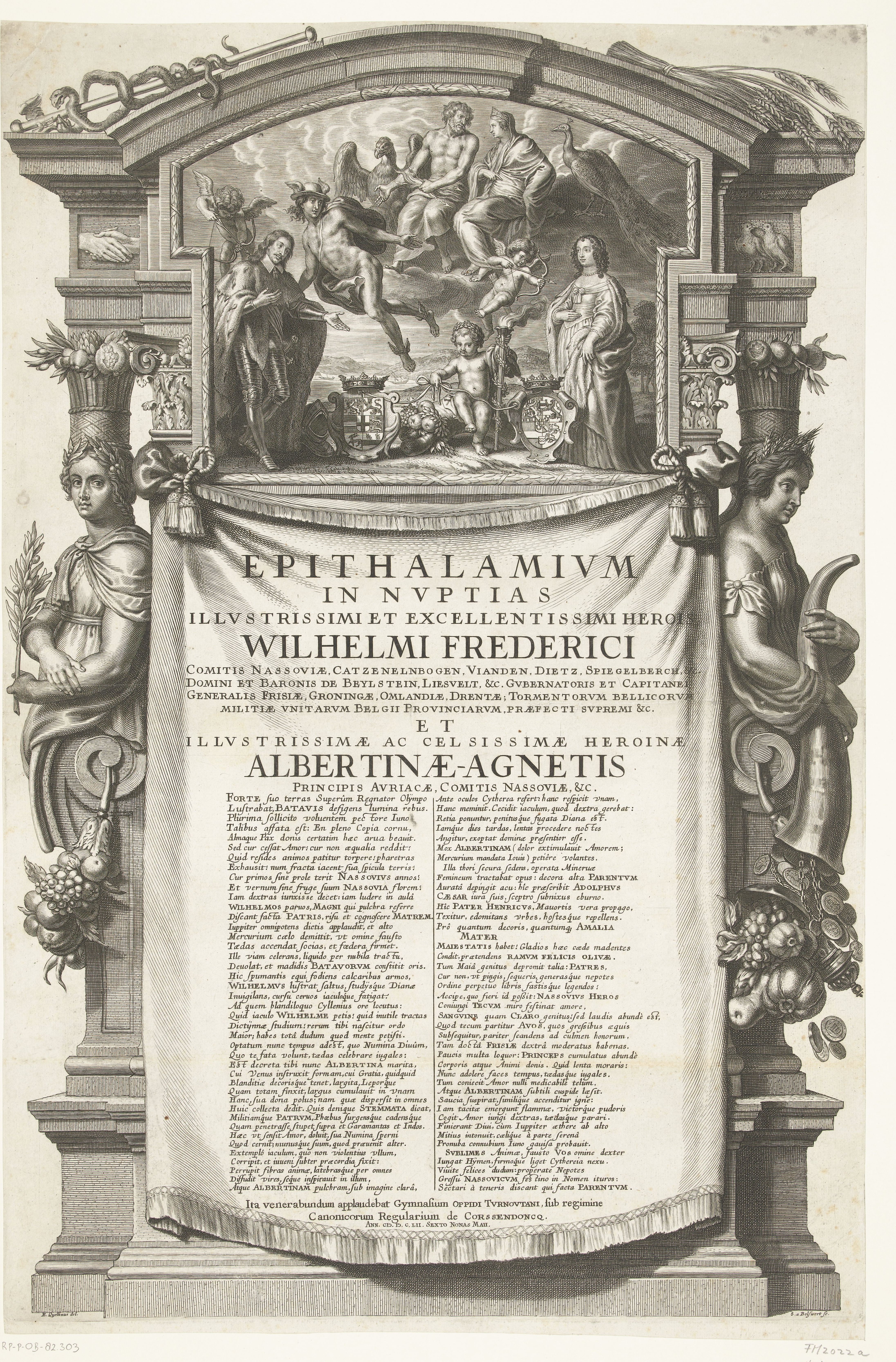 Allegorie op het huwelijk van Willem Frederik, graaf van Nassau-Dietz met Albertine Agnes, prinses van Oranje-Nassau, dochter van Frederik Hendrik, mei 1652. Willem Frederik is door Mercurius naar zijn echtgenote geleid, in de wolken zitten Jupiter en Juno. Centraal Cupido ontmoette een brandende toorts en de wapens van beide partijen. Een doek met een lange vers in het Latijn door leerlingen van het Rooms-Katholiek College te Turnhout. Aan weerszijden allegorische kariatiden van vrouwenfiguren met een Oranjetak en een hoorn van overvloed. Vervaardiger: prentmaker Schelte Adamsz, naar een tekening van Erasmus Quellinus, gedateerd 1652. Gravure groot 678x445mm. Betreft het huwelijk tussen Willem Frederik graaf van Nassau-Dietz en Albertine Agnes (prinses van Oranje). Het is aangekocht door het Rijksmuseum in Amsterdam in het jaar 1881. Licentie: Creative Commons CC0 1.0 Universal Public Domain Dedication.