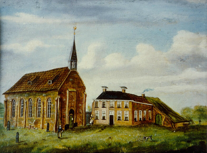 Schilderij van Boomgaard van de derde kerk en huidige pastorie vlak voor de sloop en herbouw van de kerk (1862)