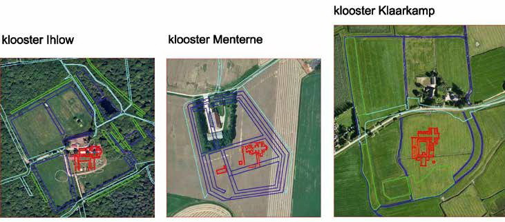 Op de bovenstaande afbeeldingen wordt het kloostertrerrein van Menterne vergeleken met dat van Ihlow en Klaarkamp. Links: luchtfoto 2014, 80.000 vierkante meter incl. gracht. Midden: Luchtfoto: 2006, 69.000 vierkante meter inclusief gracht. Rechts: Luchtfoto 2014, rechts 165.000 verkante meter inclusief gracht.