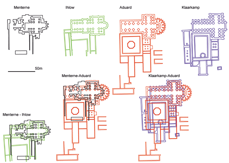 Kloosterplattegronden van Menterne, Ihlow (Oost-Friesland), Aduard en Klaarkamp (Bovenste rij. Daaronder op elkaar geprojecteerd.