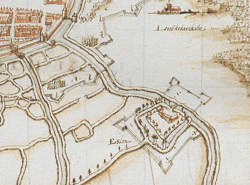 Het klooster met omringende schansen op een kaart van het beleg van Groningen van 1594, die verder niet erg precies is. Deze kaart vormt onderdeel van de atlas van Pierre Lepoivre. Bron: (Atlas van Pierre Le Poivre): Particuliarites des retranchemente que fict le duc Dalbe pour empechier que le cont Loudvic de Nassau ne semparasent de Gruningen. Koninklijke Bibliotheek van België. Uitsnede van het klooster Yesse.