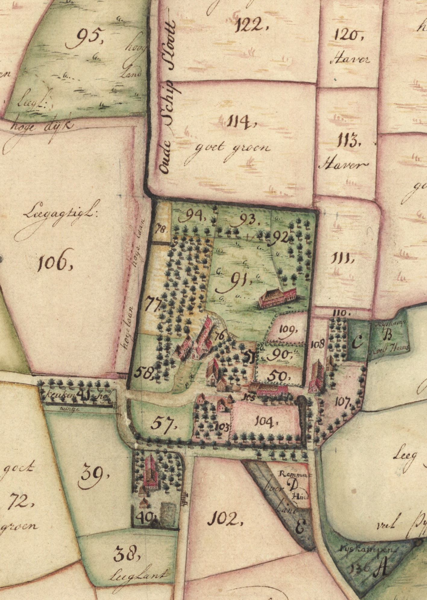 Plattegrond van Essen in 1732 (uitsnede van een kaart van Henricus Teysinga) met duidelijk zichtbaar de contour van het voormalige klooster, die ook tegenwoordig nog terug te zien is.