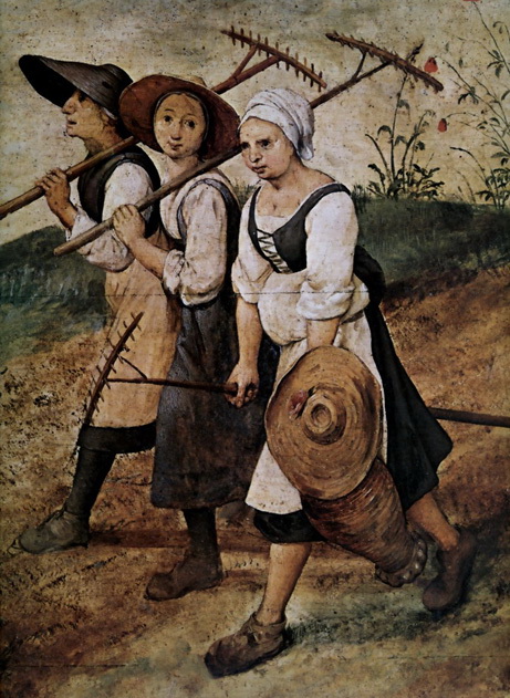 Drie sweelsters op het platteland. Afb. is een uitsnede het een schilderij van Pieter Brueghel de Oude getiteld 'Hooien in het Paleis Lobkowicz. Men hun harken gooien ze het hooi ter verdere droging om of halen ze het bij elkaar op hopen die gemakkelijker op de wagen geworpen kunnen worden. Licentie: Public Domain.