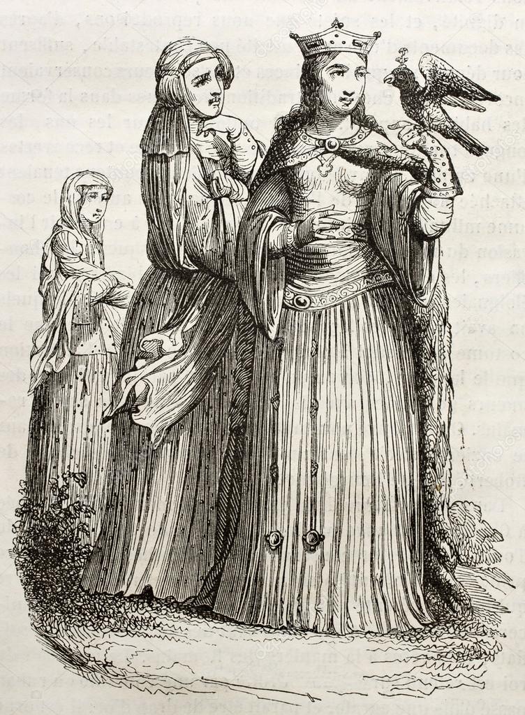 Twee edelvrouwen met een jonge dochter. De rechter vrouw heeft een valk op haar hand (valkenjacht). Bron: Stock. Licentie: aankoop.