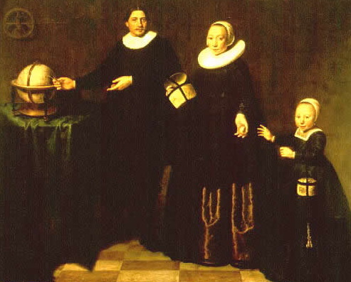 Foto: schilderij uit de nationale bibliotheek van Canberra (Australië), voorstellend Abel Tasman met zijn tweede vrouw Jannetie Tjaers en het dochtertje uit zijn eerste huwelijk, Claesge Hendricks. Olieverfschilderij op canvas, 106.7 x 132.1 cm, toegeschreven aan Jacob Gerritsz Cuyp, 1637 (1).