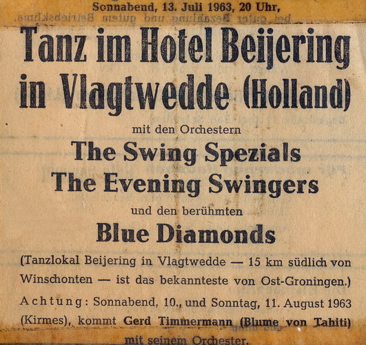 Een advertentie uit een Duitse krant. Honderden bezoekers uit Duitsland komen de grens over om bij Beijering te komen dansen en feestvieren. Bovenstaand een aankondiging van een dansavond op 13 juli 1963, aanvang 20.00 uur. Bron: eigen verzameling.