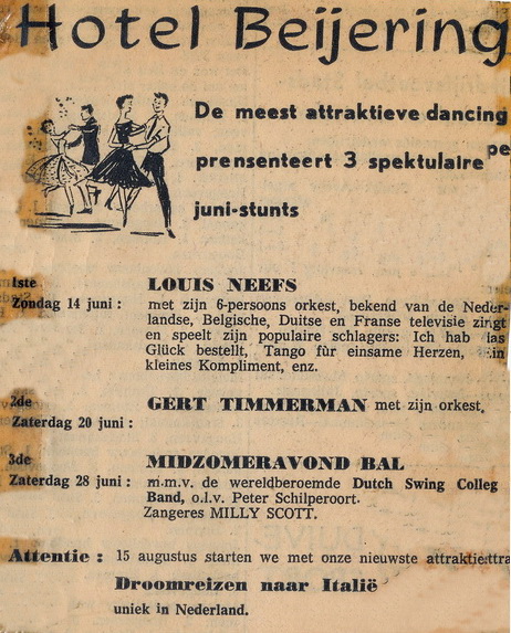 Gert Timmerman is in die tijd ontzettend populair bij Beijering in Vlagtwedde. Hij (en later ook samen met Hermien) en zijn band komen zelfs meer dan vijftig keer naar zijn dancing. Bron: eigen verzameling.