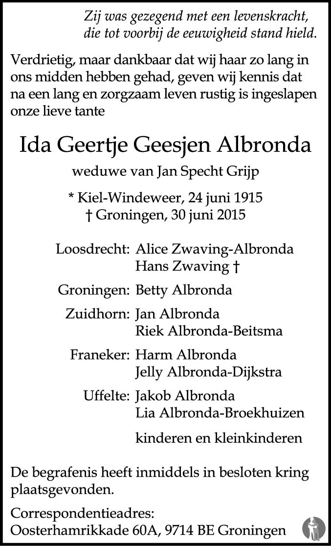 Rouwadvertentie Ida Geertje Geesjen Albronda. Afb.: Jams Stoelinga, Onderdendam.