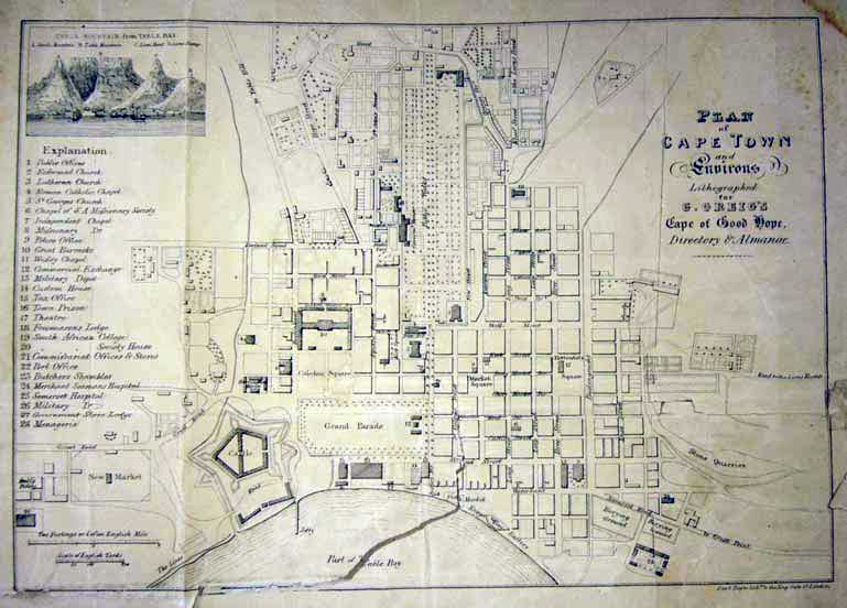 Plan van Kaapstad en omgeving die blockplan van stad met belangrijke openbare gebouwen tonen. Dit is een versie van George Thompson's plan uit 1827.