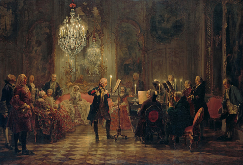 Het fluitconcert door Adolph von Menzel (1850-1852). Adolph von Menzel: Frederick the Great Playing the Flute at Sanssouci . Middle: Frederick the Great; far right: Johann Joachim Quantz, the king's flute teacher; to his left with a violin and wearing dark clothing: Franz Benda; leftmost in the foreground: Gustav Adolf von Gotter; behind him: Jakob Friedrich von Bielfeld; behind him, looking at the ceiling: Pierre Louis Maupertuis; in the background, sitting on a pink sofa: Wilhelmine of Bayreuth; on her right: Amalie of Prussia with a maid of honor; behind them, Carl Heinrich Graun; the elderly lady behind the music stand: Sophie Caroline; behind her: Egmont of Chasot; at the harpsichord: Carl Philipp Emanuel Bach. Olieverf op canvas, 142x205cm. Collectie: Alte Nationalgalerie room 1.05 in 1875: purchased from Bankier Magnus Herrmann, Berlin. Licentie: Public Domain.