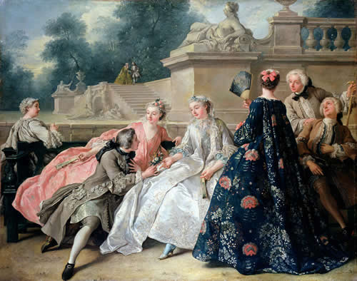 Jean François de Troy (1679-1752), The Declaration of Love, 1731. Stiftung Preussische Schlösser und Gärten, Berlin-Brandenburg. De Liefdesverklaring. Bron: Prussian Palaces and Gardens Foundation Berlin-Brandenburg. Charlotte Palace. Licentie: Public Domain.