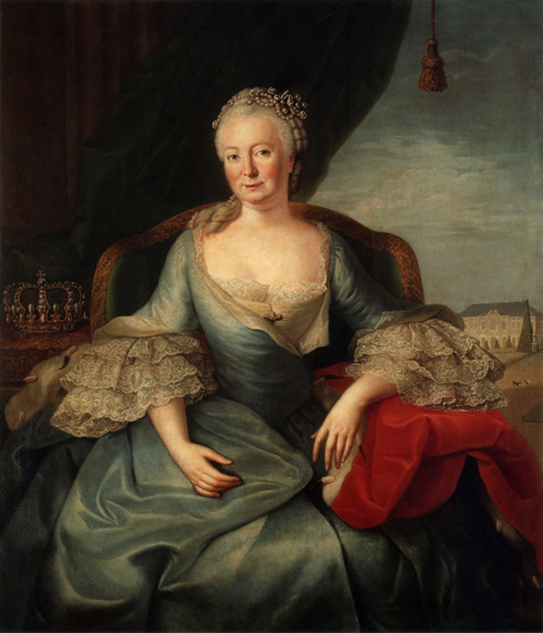 Hij leeft apart van zijn echtgenote Elisabeth Christine van Brunswijk-Bevern, die hij enkel ontmoet bij staatsaangelegenheden. Auteur: Frédéric Reclam (17347-1774) en Joachim Martin Falbe (1709-1782). Op de achtergrond rechts zien we het slot Schönhausen. Het schilderij bevindt zich in een depot. Bron: Schönhausen. Rokoko und kalter Krieg. Die bewegte Geschichte eines Schlosses und seines Gartens, ed. Alfred P. Hagemann et al. (Berlin: Jaron, 2009), p. 41. Licentie: Public Domain.