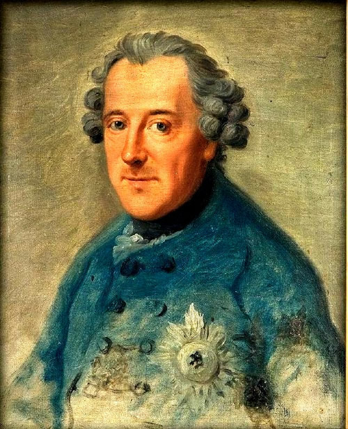 Afb. links: Johann Georg Ziesenis (1716-1776): Portret van Frederik II van Pruisen 1763. Eigentijds portret van Frederik II van Pruisen. Het portret werd genomen in 1763 in Salzdahlum Castle, de zomerresidentie van Frederik II's zus, hertogin Filippijnse Charlotte van Brunswick. Het is het enige portret waarvan Frederik II model zat tijdens zijn bewind, d.w.z. uit 1740. Het portret werd op zaterdag 10 oktober 2009 verkocht bij veilinghuis Bolland & Marotz in Bremen voor 670.000 euro. Het beeld wordt beschouwd als een Duits cultureel bezit, dat is waarom het in Duitsland zelfs na de verkoop moest blijven. Schilderij uit een privé collectie. Licentie: Auteur van digitaliseren heeft de volgende machtigingen opgegeven: CC-BY-SA-3.0; CC-BY-SA-3.0-EN; Vrijgegeven onder de GNU Gratis Documentatie Licentie.