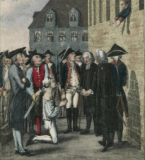 Frederik moet in 1730 vanuit het raam de onthoofding van zijn vriend von Katte aanzien. Bron: historisch boek. Licentie: Public Domain. 