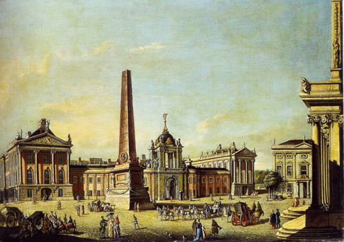 Het Stadtschloss Potsdam (1772). Johann Friedrich Meyer: Potsdam, Old Market. View to obelisk and "Stadtschloss" (palace-in-town). Door: Johann Friedrich Meyer (1728-1789). Schilderij uit 1772, 73x104 cm. 4. Gästezimmer, Nordwand rechts. Teil der Erstausstattung der Neuen Kammern ab spätestens 1775. Auftraggeber Friedrich II. Bron: Catalogue "Georg Wenzeslaus von Knobelsdorf", edited by Stiftung Preussische Schloesser und Gaerten, Berlin-Brandenburg 1999. Licentie: Public Domain.