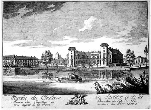 Slot Rheinsberg, getekend door F.C. Ekel en J.C. Krueger, circa 1740 op koper. Bron: Catalogue "Georg Wenzeslaus von Knobelsdorf", edited by Stiftung Preussische Schloesser und Gaerten, Berlin-Brandenburg 1999. Licentie: Public Domain.