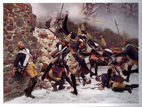 Slag bij Leuthen. Storming of the breach by Prussian troops during the Battle of Leuthen, 1757. Schilder: Carl Röchling (1855-1920), Duitse schilder, illustrator en aquarellist. Licentie: Public Domain