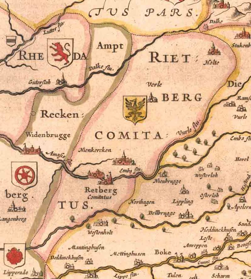 Het graafschap Rietberg. Karte der Grafschaft Rietberg aus dem "Theatrum orbis terrarum, sive, Atlas novus" von Willem Janszoon und Joan Blaeu, erstellt 1645 bis 1662. Gemaakt tussen 1645 en 1662. Auteur: Willem Janszoon und Joan Blaeu, Scan wohl von Benutzer: Bodo-stratmann (Genwiki). Licentie: Public Domain.