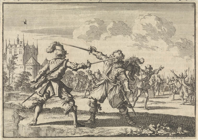 Rudolf Christiaan van Oost-Friesland in een twist gedood door een wond aan zijn oog, 1628, Jan Luyken, 1698. Objecttype: prent boekillustratie. Objectnummer: RP-P-1896-A-19368-1438. Catalogusreferentie: Van Eeghen 2025. Opschriften / Merken: verzamelaarsmerk, verso, gestempeld: Lugt 2228. Vervaardiger: prentmaker: Jan Luyken. Uitgever: Pieter van der Aa (I). Plaats vervaardiging: prentmaker: Amsterdam uitgever: Leiden Datering: 1698 Fysieke kenmerken: ets en tekst in boekdruk op verso Materiaal: papier Techniek: etsen / boekdruk Afmetingen: blad: h 111 mm × b 158 mm Toelichting Illustratie uit: Gottfried, Johann Ludwig. Historische kronyck; vervattende een (...) beschrijvingh der aldergedenckwaerdigste geschiedenissen des weerelds, van den aenvangh der scheppingh tot (...) 1576 (2 delen). Leiden: Pieter van der Aa, 1698, dl. I, p. 1383. Onderwerp Wat: duellingviolent death by sword Wanneer: 1628 - 1628 Wie: Rudolf Christiaan van Oost-Friesland Verwerving en rechten Verwerving: aankoop jul-1896 Copyright: Publiek domein. Bron: Rijksmuseum Amsterdam.