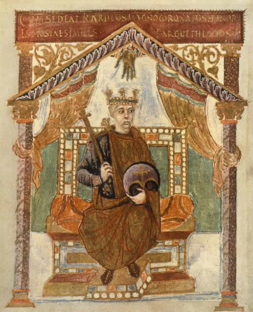Karel II De Kale, 840-877); opvolger van Lodewijk I De Vrome. Bron: Carlo il Calvo, salterio, Paris, Bibliothèque Nationale. Licentie: Public Domain.
